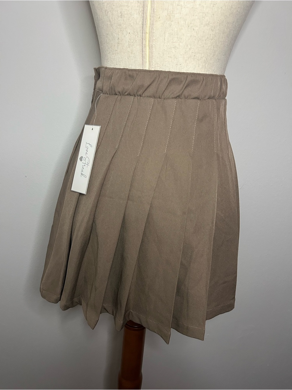 LOVE STREAK Women's Taupe Mini Wrap Skirt with Subtle Pleat in Back - Picture 4 of 6